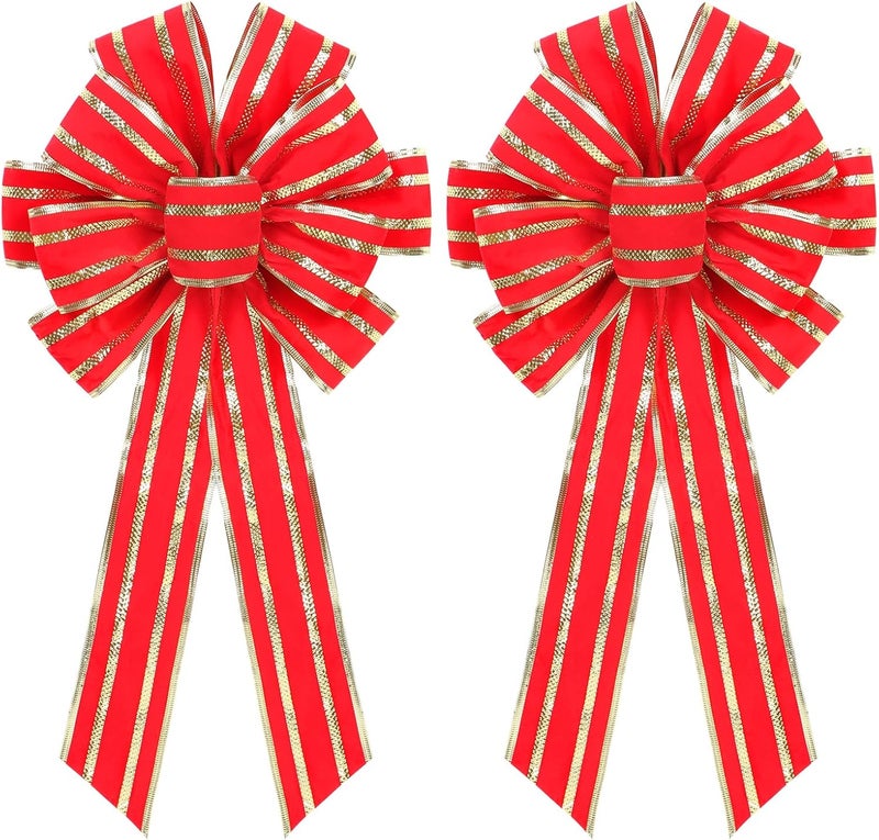 RoseCraft 2PCS Red/Gold Christmas Bow, 9”x13” Large Velvet Christmas Tree Topper Bow Ornaments for Home Xmas Tree Wreath Fence Stairs Railing Fireplace Front Door Party Valentine's Day Decoration. - Image 1